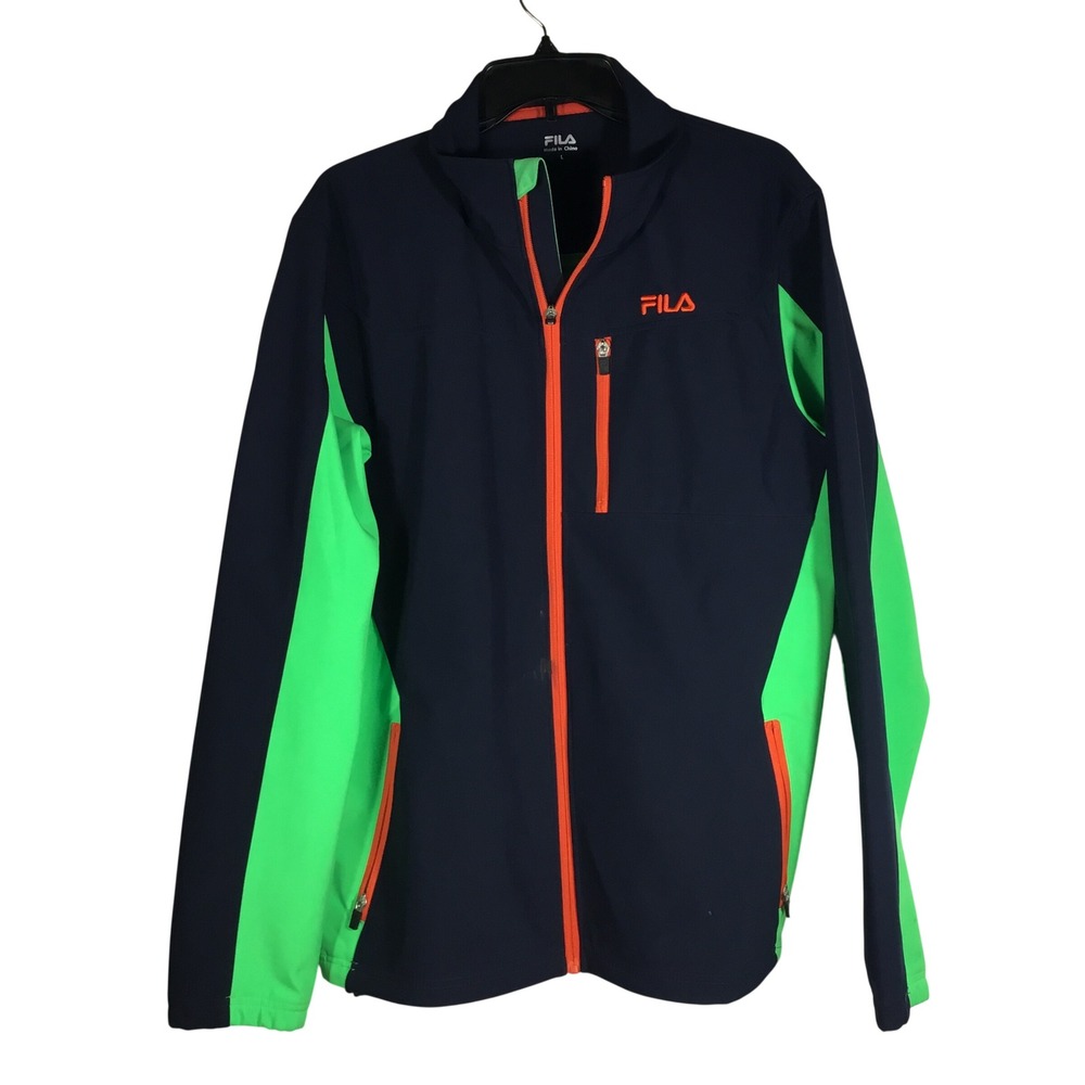Fila Mens Full Zip Track Jacket Navy Blue Neon Green‎ Orange Softshell Large